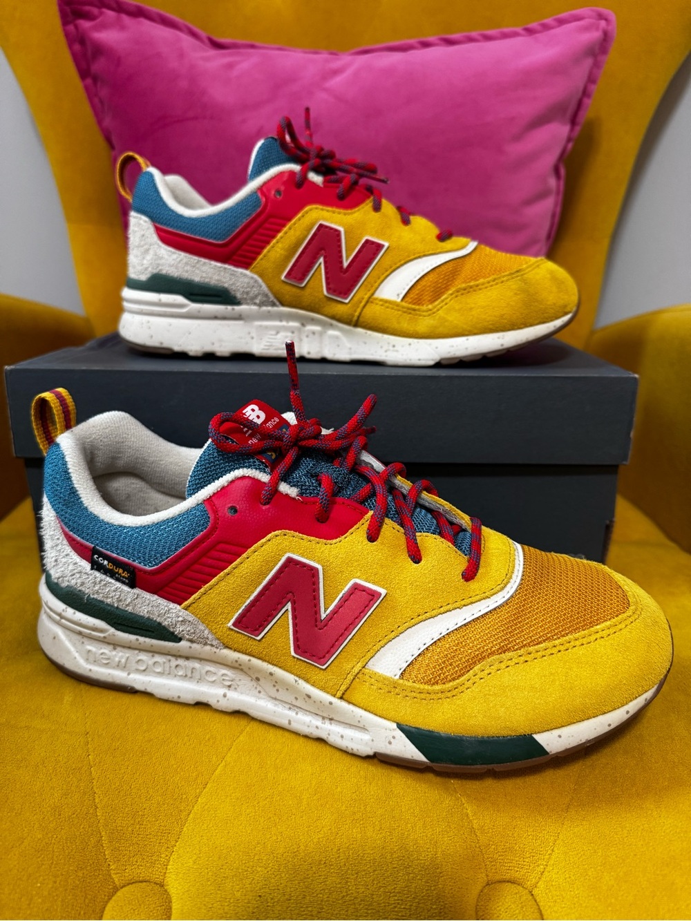 New Balance Big Kids' ‘Varsity Gold Multi’ Yellow, Red & Navy Sneakers - EC - 7